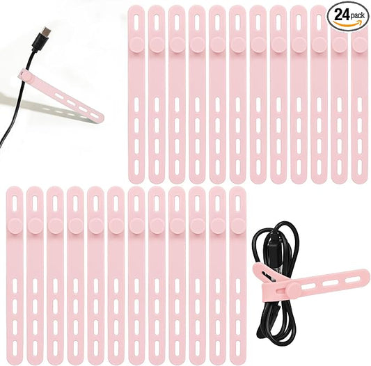 Donruby 24Pcs Silicone Cable Ties - Reusable & Washable with Locking Buckles, Adjustable Fastening Cable Management Straps, Multi-Purpose High Elasticity Cord Organizer (Pink)
