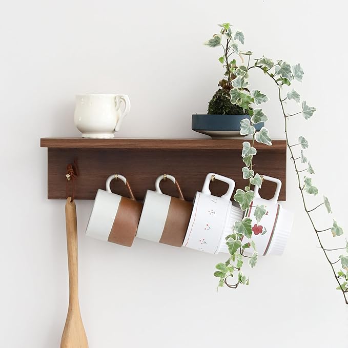 5-Hook Wall Mounted Coat Rack with Storage Shelf - Multi-Functional Key & Jacket Hanger for Entryway, Walnut Finish, Style D-1