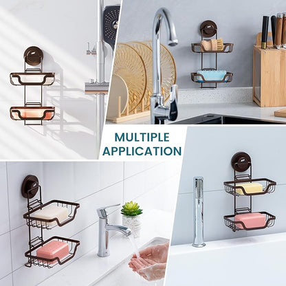 TAILI Double Layer Soap Holder, Bar Soap Dish Suction Cup for Shower Wall, Draining Saver Tray for Bathroom, Rustproof Stainless Steel Sponge Holder for Tub, Kitchen, Drill-Free, Brown