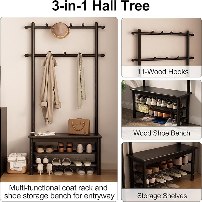 AQIMUELE Coat Rack with Shoe Storage, Wooden Hall Tree with Bench, 11 Hooks and 2-Tier Storage Shelves, 3-in-1, Entryway Bench with Coat Rack (31.5"-Deep Black)