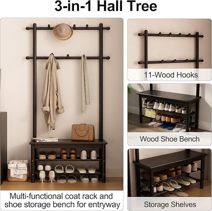 AQIMUELE Coat Rack with Shoe Storage, Wooden Hall Tree with Bench, 11 Hooks and 2-Tier Storage Shelves, 3-in-1, Entryway Bench with Coat Rack (31.5"-Deep Black)