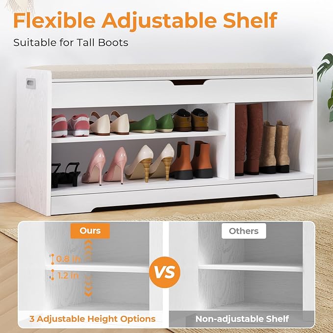 Farmhouse Shoe Storage Bench, Entryway Bench with Cushion Seat, Lift Top Storage, Adjustable Shelf, 3 Doors, 330 lbs Capacity, Storage Bench for Entryway, Bedroom, Living Room (White)