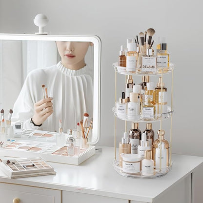Delamu 3 Tier Rotating Makeup Organizer for Vanity, Bathroom Counter Organizer with Stackable Design, Spinning Skincare Organizer for Bathroom Countertop, Perfume Cosmetic Storage, Clear