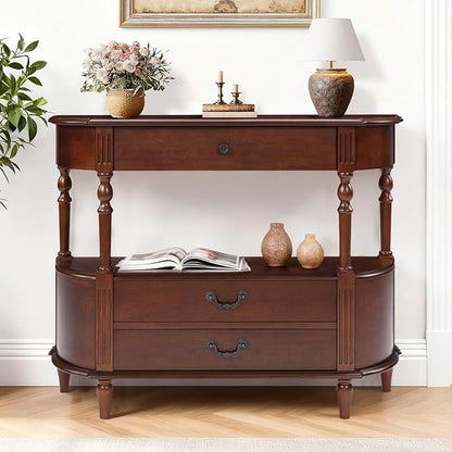43" Retro Curved Console Table with Drawers, Solid Wood Half Moon Console Table Entry Sofa Table with Storage with Solid Pine Roman Legs Open Shelf for Small Spaces Living Room,Cherry