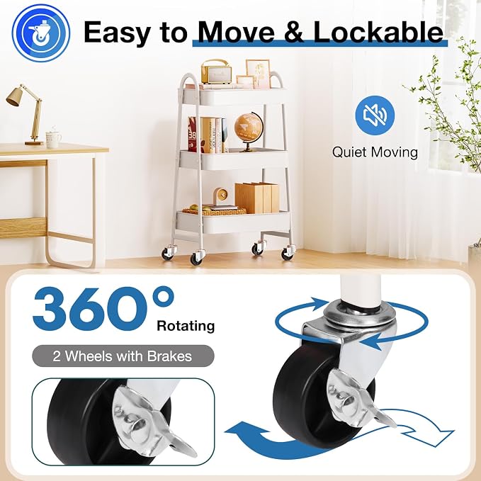 OLIXIS Metal Utility Cart, Mobile Rolling Storage Shelf with Lockable Caster Wheels, Organization for Livingroom, Bathroom & Narrow Places, 3 Tiers White