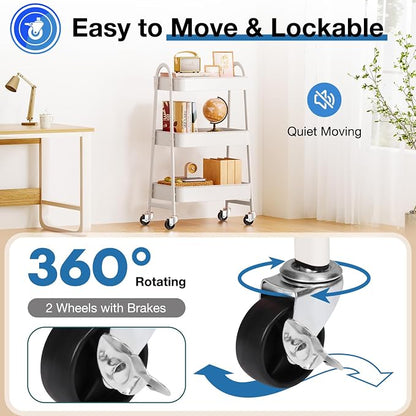 OLIXIS Metal Utility Cart, Mobile Rolling Storage Shelf with Lockable Caster Wheels, Organization for Livingroom, Bathroom & Narrow Places, 3 Tiers White