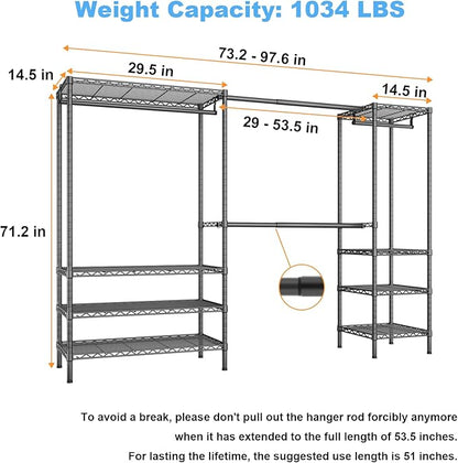 Ulif E11 Heavy-Duty Garment Rack, Metal Freestanding Clothes Rack and Closet Storage Organizer System with 8 Shelves and 4 Hanger Rods, (73.2-97.6)" W x 14.5" D x 71.2" H, Load 1034 LBS, Black
