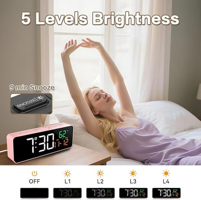 Netzu 3-in-1 Digital Clocks for Living Room with Temperature, Date & Time Display - 4 Levels Birghtness, 3 Volumes, Small & Compact Plug-in Alarm Clock for Bedroom Pink