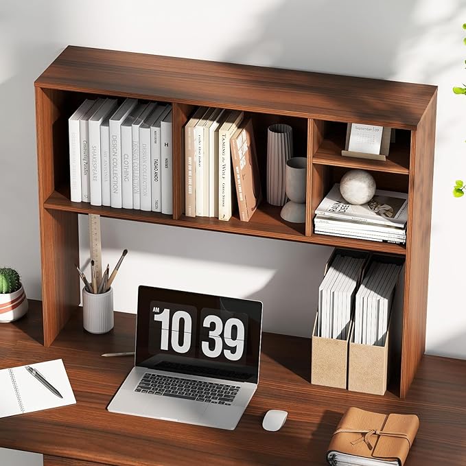 Desk Hutch, Desktop Shelf with 4 Shelves, Desk Bookshelf w/Anti-Toppling Devices, Wood Table Top Bookshelf Organizer, Small Desk Shelf for Study, Office, Dorm (Walnut, 4 Shelves)