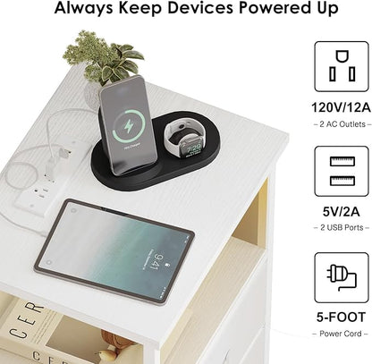 Fixwal White Nightstand for Women Bedroom, LED Night Stand with Charging Station, Bed Side Table with 2 Fabric Storage Drawers