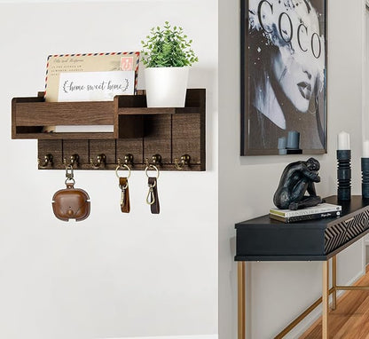 Key Holder Wall Mount - Decorative Key Rack and Mail Organizer with 6 Key Hooks - Wooden Key Hanger with Shelf for Living Room Decor - Rustic Farmhouse Home Entryway Aesthetic Essentials