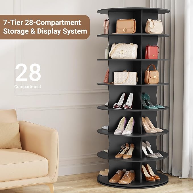 5-Tier Rotating Standing Shelf Unit with Dividers, 360° Storage Display Tower Vertical Floor Organizer, for Bedroom, Closet, Entryway & Office, Ideal for Shoes, Cosmetics & Handbags, Black