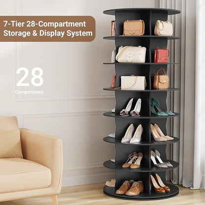 7-Tier Rotating Standing Shelf Unit with Dividers, 360° Storage Display Tower Vertical Floor Organizer, for Bedroom, Closet, Entryway & Office, Ideal for Shoes, Cosmetics & Handbags, Black