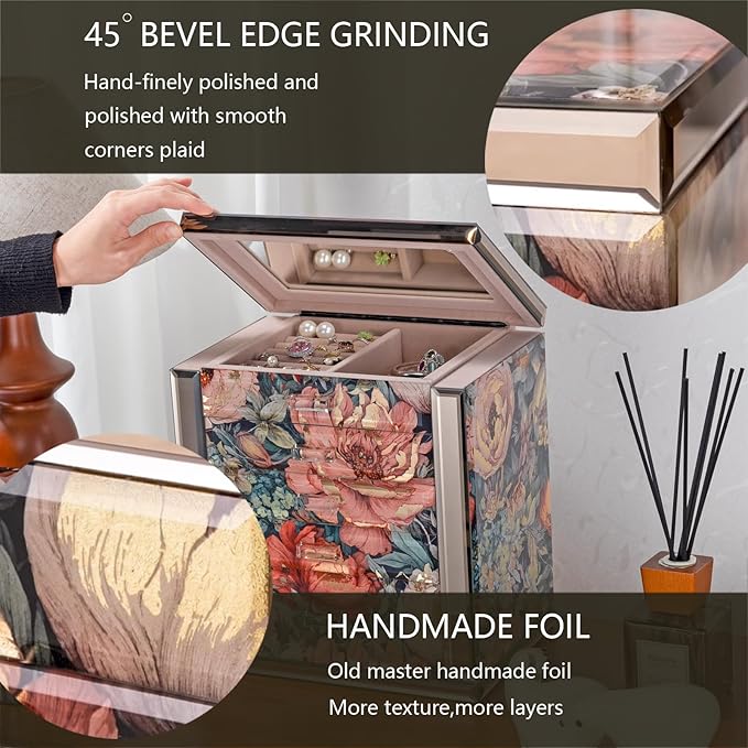 High End Glass Jewelry Box - 5 Layer Jewelry Organizer with 2-Sided Doors and Mirror - Velvet-Lined Organizer For Ring, Necklace, Earring, Bracelet Storage - Christmas Gifts For Women