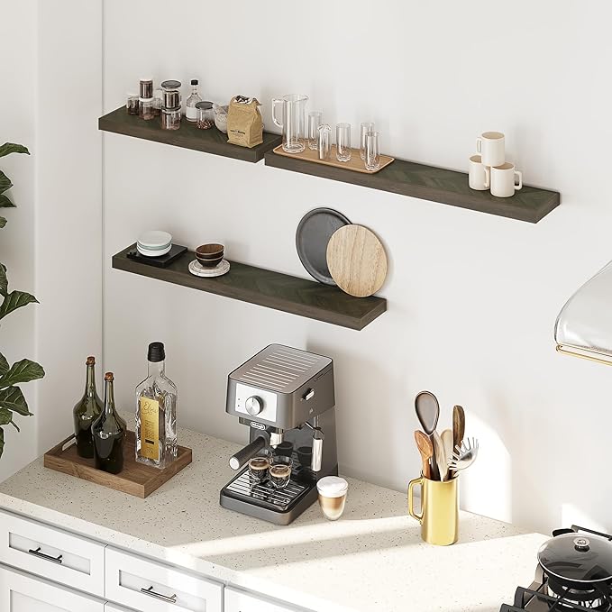 Howizz 36" Acacia Chevron Floating Shelves Set of 2 - Wall Mounted Wooden Shelf for Stylish Home Décor - Mocha Color - 36x6.7x1.5 Inches