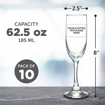DISCOUNT PROMOS Custom Premiere Champagne Flutes 6.25 oz. Set of 10, Personalized Bulk Pack - Elegant Drinkware for Weddings, Events, & Promotional Gifts - Clear