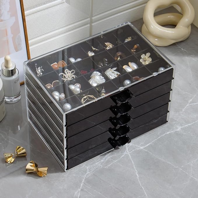 YUFONG Earring Storage Box Organizer, Acrylic Jewelry Storage Box Holder 5 Drawers Transparent Jewelry Display Stand with 120 Small Compartments Gift Boxes for Women Girls (Black)