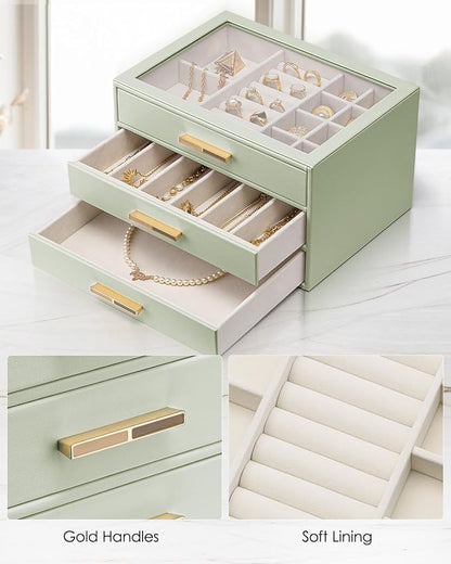 VLANDO Jewelry Box for Women, Glass Lid Jewelry Organizer with 3 Drawers for Necklaces Rings Earrings Bracelets - Sage Green