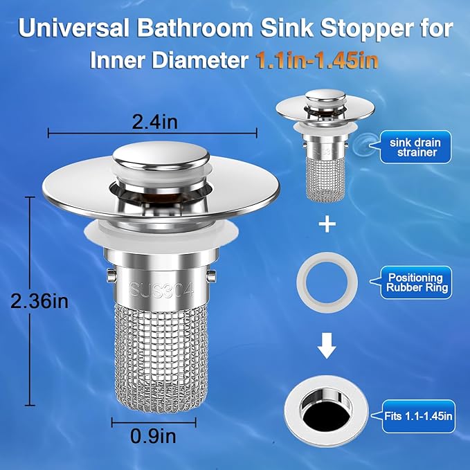 Sink Stopper Hair Catcher, Pop-up Sink Drain Strainer with Removable Stainless Steel Strainer Basket Hair Catcher, Bathroom Sink Strainer for Bathroom Sink Stopper Replacement (2, Silver)