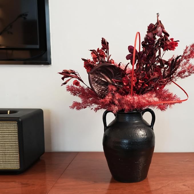 Wild Works Bailey Handmade Black Vase with 2 Ear Design - 9.6'' Tall Terracotta Vase, Vintage Rustic Antique Decor, Black Ceramic Vases, Flower for Living Room, Entrance,Wabi-sabi Decorations