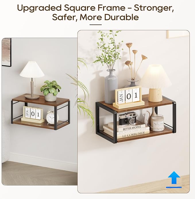 Floating Nightstand, Wood Bedside Shelf Wall Mounted Nightstand with Heavy-Duty Frame, Floating Bedside Table for Bedroom, Bathroom, Kitchen, (Vintage Brown, 1 Pack)