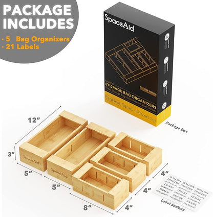 SpaceAid Bag Storage Organizer for Kitchen Drawer, Bamboo Organizer, Compatible with Gallon, Quart, Sandwich and Snack Variety Size Bag (5 Pack Set)