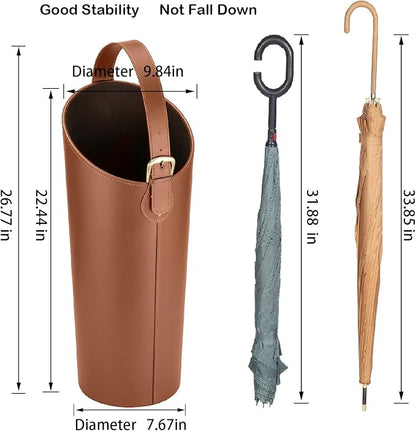 Brown Artificial Leather Tall Umbrella Holer Entryway Indoor for Business Office,22.4 Inch Umbrella Stand Entryway with Removable Water Tray 2 Hooks