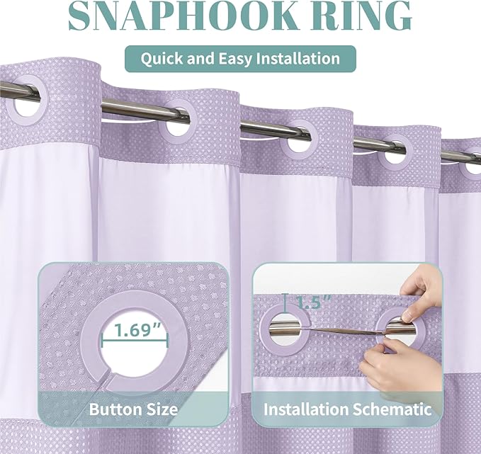 Lavender No Hook Waffle Weave Shower Curtain with snap-in Liner Replacement, 230GSM Waterproof Fabric Hotel Shower Curtain Set for Bathroom, Through Mesh Top Window,71Wx77H