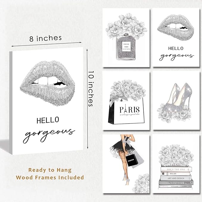 Glam Gray Fashion Wall Decor, FRAMED Woman Makeup Room Wall Art, Fashion Silver Girly Beauty Room Picture Wall Decor for Office Bedroom Bathroom, Watercolor Perfume Handbags High Heels Lipstick Wall Paintings, Ready to Hang (Set of 6, 8x10 in, Framed)