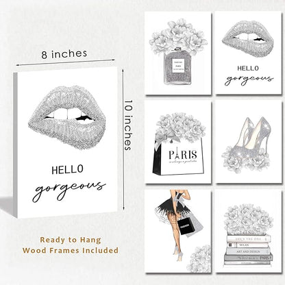 Glam Gray Fashion Wall Decor, FRAMED Woman Makeup Room Wall Art, Fashion Silver Girly Beauty Room Picture Wall Decor for Office Bedroom Bathroom, Watercolor Perfume Handbags High Heels Lipstick Wall Paintings, Ready to Hang (Set of 6, 8x10 in, Framed)