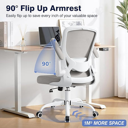 Ergonomic Office Chair, Mesh Computer Chairs with Lumbar Support, Swivel Desk Chair with Flip-up Arms and Adjustable Height, Light Gray