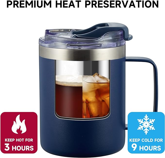 12oz Stainless Steel Insulated Coffee Mug with Handle, Double Wall Vacuum Tumbler Cup with Fliping Lid, Navy, 2 Pack