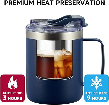 12oz Stainless Steel Insulated Coffee Mug with Handle, Double Wall Vacuum Tumbler Cup with Fliping Lid, Navy, 2 Pack
