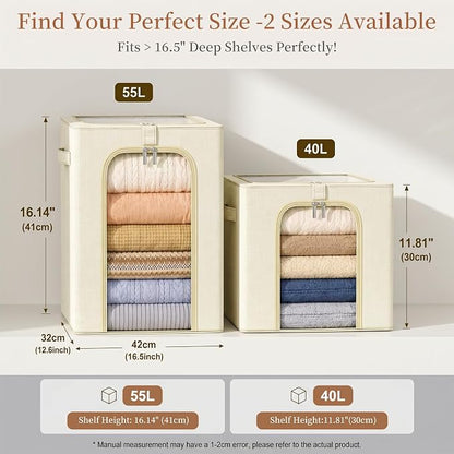 GoMaihe Clothes Storage Bins with Metal Frame, 55L Blanket Storage Boxes for Above Shelf Closet, 4 Pack Stackable Clothing Storage Organizer with Clear Window for Bedding Sweaters Comforters – Beige