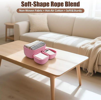 5-Pack Small Woven Rope Storage Baskets – 2 Sizes Organizer Bins for Closet, Shelf, Bookshelf, Nursery, Changing Table, Fabric Cube Boxes, Rectangular Shallow Bins for Bathroom, Toy & Home