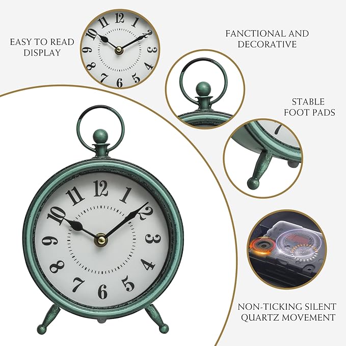 MACVAD Vintage Small Rustic Green Table Clock on Stand - Decorative Desk and Shelf Clock, Battery Operated, Silent Non-Ticking Timepiece Perfect for Office, Living Room, and Bedroom Decor