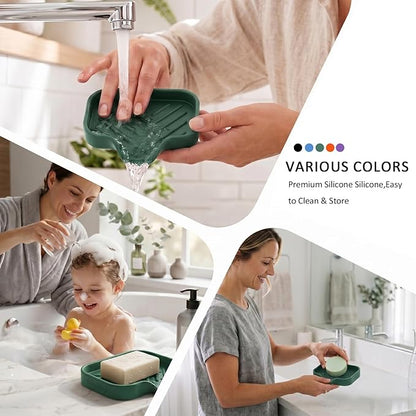 MicoYang Silicone Soap Dish with Drain Spout, Self-Draining Sink Organizer Tray for Bathroom and Kitchen, Sponges, Dispensers and Soap Holder, Non-Slip and Dishwasher Safe, Green (Compact, 4.9"×3.2")