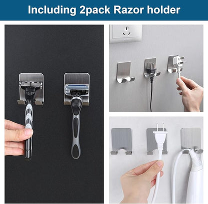 Diesisa Razor Holder for Shower + Adhesive Wall Hooks, Premium 304 Stainless Steel Shower Razor Holder with Heavy Duty Waterproof Sticky Hooks for Hanging Towels, Coat, hat (4+4 Pack) - Black