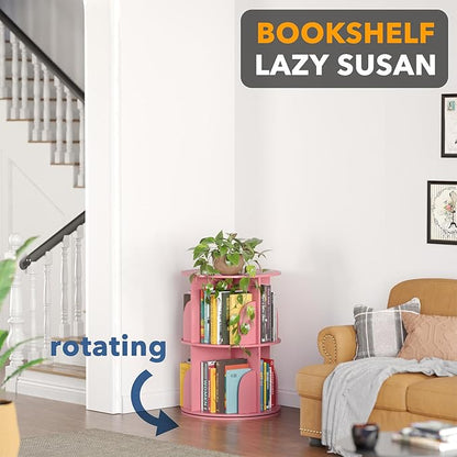 SpaceAid 2 Tier Rotating Bookshelf Tower, Spinning Bookcase Lazy Susan, Revolving 360 Book Shelf Storage Round Carousel, Vertical Rotate Turning Spiral Corner Organizer, Pink