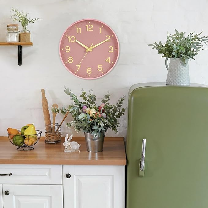 Roymnie Wall Clock 12 Inch Silent Wall Clocks Battery Operated-Modern Non Ticking Analog Clock Decorative for Kitchen Bedroom Office (Pink Gold)