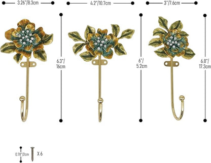 Vintage Flower Shaped Decorative Wall Hooks Rack Hangers for Hanging Clothes Coats Towels Keys Hats, 3 Pack Antique Metal Mounted Wall Hook