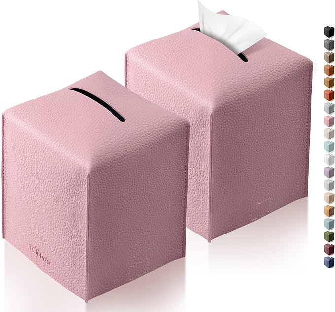 Tclouda Tissue Box Cover for PU Leather, Modern Simple Solid Color Holder Square Tissue Bag, Ideal for Bathrooms,Office,Car,Nightstand,Outdoor Tent,Dining Table,5"X5"X5", Double Pink