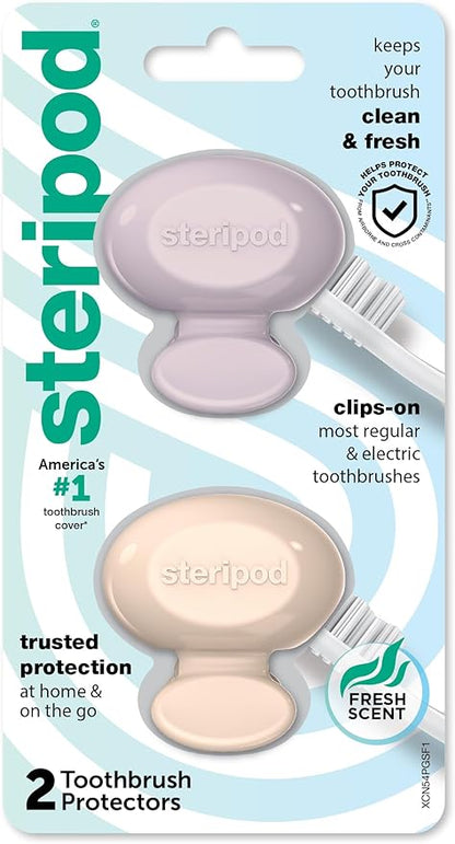 Steripod Clip-On Toothbrush Protector, Keeps Fresh and Clean, Fits Most Manual and Electric Toothbrushes, Pink and Blue, 2 Count (Pack of 1)