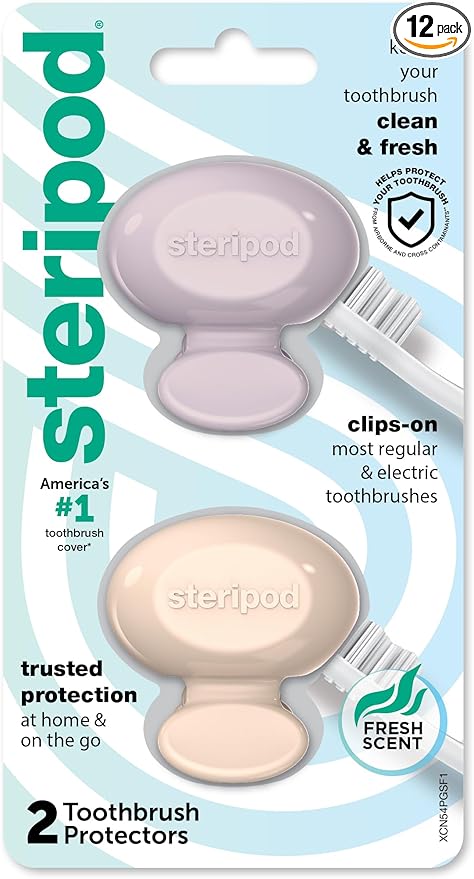 Steripod Clip-On Toothbrush Protector,Keeps Fresh and Clean,Fits Most Manual and Electric Toothbrushes,Pink-and Blue,2 Count (Pack of 12)
