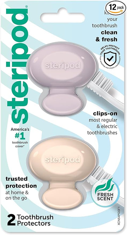 Steripod Clip-On Toothbrush Protector,Keeps Fresh and Clean,Fits Most Manual and Electric Toothbrushes,Pink-and Blue,2 Count (Pack of 12)