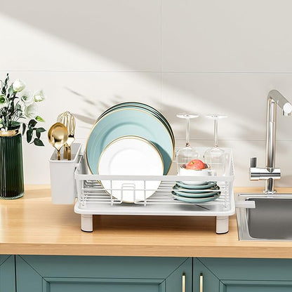 Small Dish Drying Rack, Space Saving Dish Racks for Kitchen Counter, Kitchen Organizer Dish Drainer with Cutlery Holder for Spoons and Forks, 11''W x 15''L, White