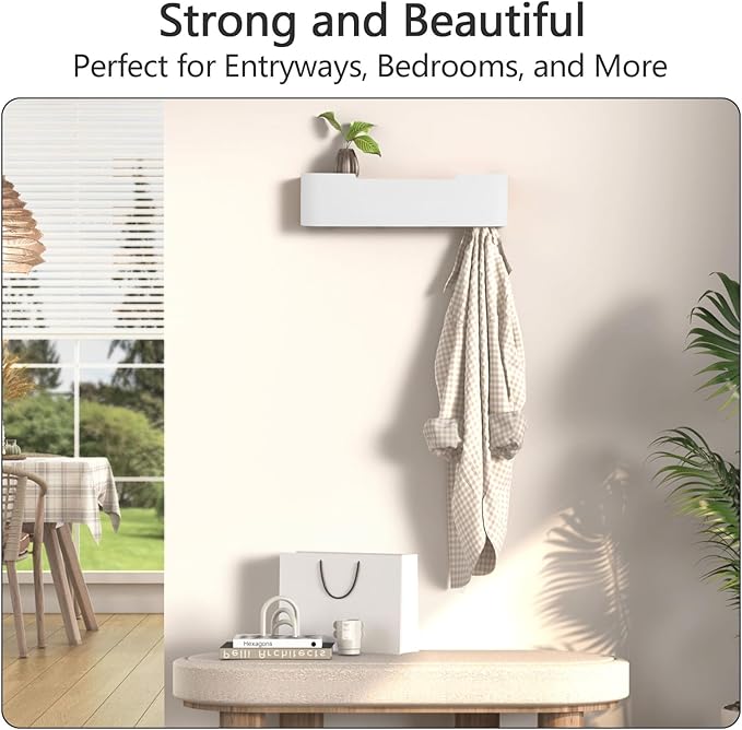 Coat Rack Wall Mount with Shelf 4 Hidden Hooks Modern Wooden Key Holder Entryway Organizer for Hallway Bedroom Bathroom Home Decor Storage for Hanging Coats Hats Bags Towels, White
