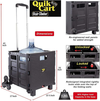 dbest products Quik Cart Elite Stair Climber Wheeled Rolling Crate Teacher Utility With seat Heavy Duty Collapsible Basket With Handle, Black