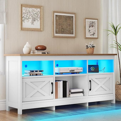 YITAHOME TV Stand for 65 Inch TVs, Entertainment Center with Storage Cabinets, Power Outlet & LED Light, Media Console Living Room Furniture, White