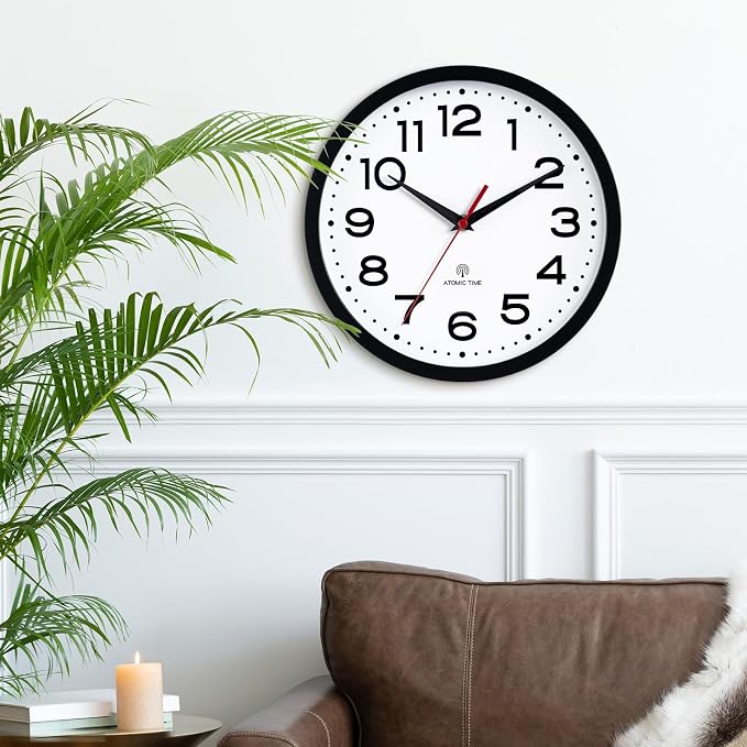 Roymnie Atomic Wall Clock 14 Inch, Modern Clock Battery Operated Classic Analog Decorative for Kitchen, Living Room, Office, Bedroom, Bathroom (Black)